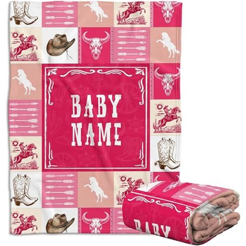 Personalized Baby Blankets for Girls, Western Blanket Pink Theme, Custom Name Cowboy Fleece Blankets for Infant Newborn Daughter Toddlers Kids