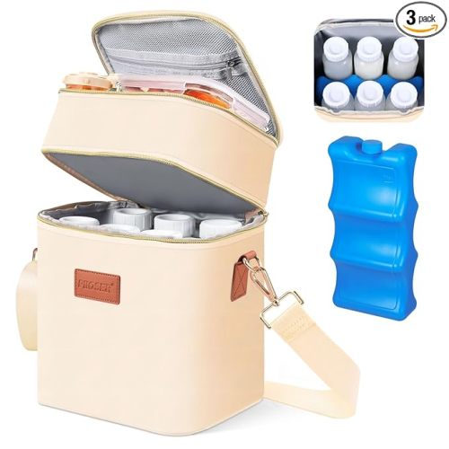 PIIOSER Breastmilk Cooler Bag with Ice Pack Fits 6 Baby Bottles Up to 9 Ounce, Insulated Baby Bottle Tote Bags, Double Layer Waterproof Leak-Proof with Shoulder Strap for Nursing & Working Mom (Cream)