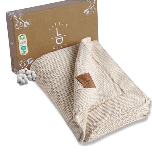 100% Organic Cotton Baby Knitted Blanket with Gift Box - Soft Toddler, Crib, Stroller Blanket - Neutral Swaddle and Receiving Blanket for Newborns, 30"x40", Beige