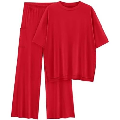 KIRUNDO Womens 2 Piece Outfits 2025 Summer Casual Loose Short Sleeve Pullover Tops & Wide Leg Pants Lounge Sets Tracksuit