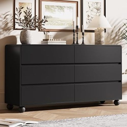 MAISONARIA Modern 6 Drawer Dresser for Bedroom, Mid-Century 55" Wide Dressers Chest of Drawers, Handle Free & Curved Profile Design, Wood Dressers for Living Room, Nursery & Hallway, Black