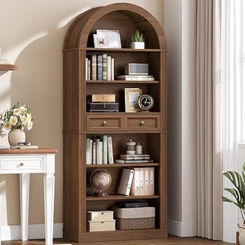 Arched Bookshelf, 73" Tall Arch Bookcase with Drawers, 6-Tier Farmhouse Book Shelf, Wooden Bookshelf with Open Display Shelves for Living Room, Office, Adjustable Shelf, Walnut