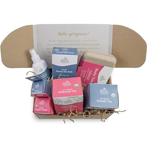 Earth Mama Postpartum Essentials Recovery Gift Set for Mom| Organic Self Care Gifts for Mom, Nipple Butter, Perineal Spray & Balm, Sitz Bath, Milkmaid & Periodic Tea and Booby Tubes, 7-Piece Set