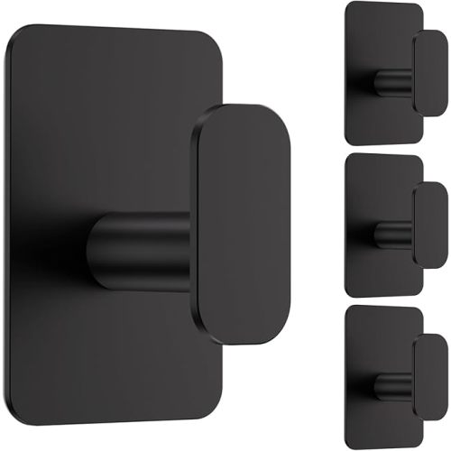 Eowihor Heavy Duty Self Adhesive Hooks - 26lb Max, Sticky Wall Hooks Stainless Steel for Hanging Towel, Coat, Robe, Waterproof & Rustproof Hooks Stick on Bathroom, Shower, Kitchen (Black, 4 Pack)