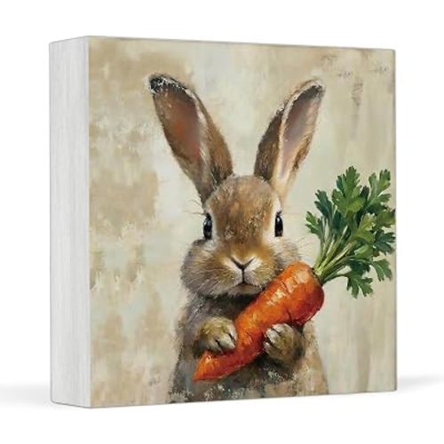 Funny Easter Bunny Desk Decor Rabbit & Carrot Spring Wood Block Plaque Box Sign Decorative Gifts Indoor, Vintage Farmhouse Easter Decorations for Home Kitchen Bedroom Nursery Decor, 04