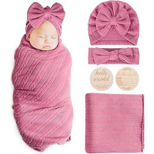 Newborn Receiving Blanket with Bow Hat Headband Wooden Card Set Wheat-Pattern Newborns Toddler Baby Boy Girl Nursery Swaddle Wrap