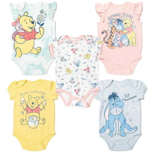 Disney Winnie the Pooh Eeyore Tigger Newborn Baby Girls 5 Pack Bodysuits Newborn to Infant