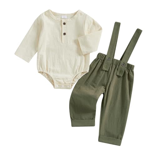 xkwyshop Fall Outfit Infant Baby Boy Gentleman Long Sleeve Linen Romper Shirt Suspender Pants Overall 2Pcs Suit Clothes Set