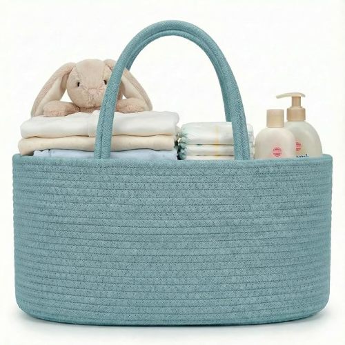 luxury little Diaper Caddy Organizer, Large Cotton Rope Nursery Baby Basket (Lake Blue, Large)