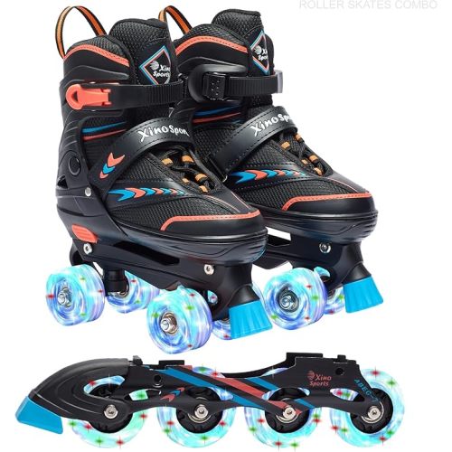 XINO SPORTS 2 in 1 Combo, Kids Roller Skates | Inline Skates - Interchangeable LED Light Up Skates for Kids Ages 6-12, Teens & Adults, Inline Skates for Girls and Boys, Adjustable Roller Skates Blades