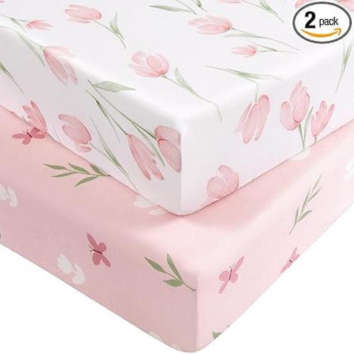 Baby Crib Sheets Girl, Fitted Crib Sheets 52" x 28", Soft Breathable Microfiber Sheets for Standard Crib and Toddler Mattress, 2-Pack Pink Tulips