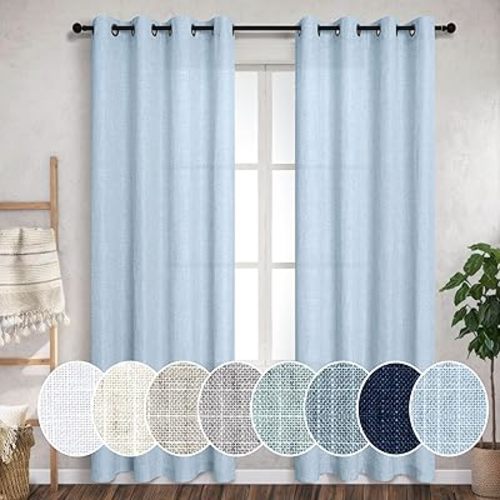 Light Blue Linen Curtains 84 inches Long for Bedroom Grommet Light Filtering Privacy Sheer Baby Blue Curtain Drapes Modern Farmhouse Coastal Decor Cotton Textured Gauze Curtain for Living Room 2 Panel
