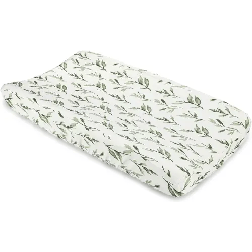 Crane Baby Green Leaf, Quilted Changing Pad Cover, 100% Cotton Sateen, 16in X 32in, Fitted with Elastic, Soft, Machine Washable, Neutral Nursery Essential
