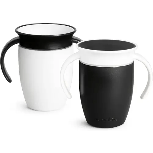 Munchkin Sippy Cup for 6 Month Old and Up, Spill Proof Miracle 360 Toddler Cups with Transition Handles, 7 Ounce, 2 Pack, Black/White