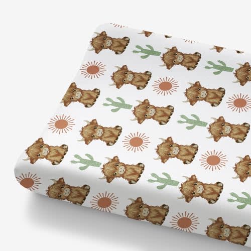 HawSkgFub Highland Cow Boho Cactus Sun Changing Pad Cover for Baby Girls Boys, Western Hyland Cattle Diaper Change Table Covers, Soft Stretchy Safe Snug Fitted Changing Mat Sheets Fit 32"/34" x 16"