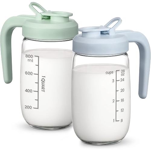 2 Pack Breast Milk Pitcher 32 OZ, Heat & Cold Resistant, Sudden Temperature Safe, Fast Baby Formula Maker with Wide Mouth, No Leak Glass Fridge Storage Container for Juice, Cold Brew-Blue, Green