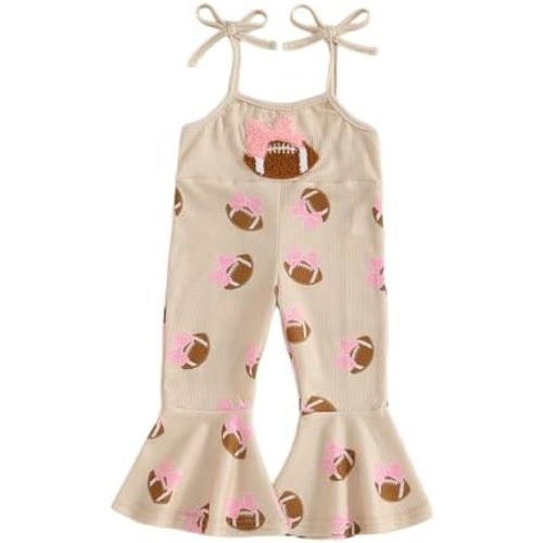 Toddler Baby Girl Football Outfit Bow Embroidery Spaghetti Strap Romper Bell Bottoms Jumpsuit One Piece Clothes