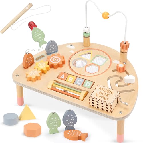 Vanplay 8 in 1 Wooden Activity Table, Montessori Toys for 2 Year Old Gift | Learning Activities with Bead Maze/Music Box/ Fishing Game, Fine Motor Skills, Christmas Birthday Gifts for Girl Boy