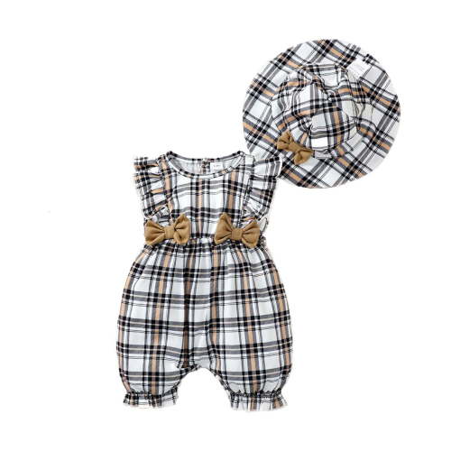 Kucnuzki Newborn Baby Girl Clothes 0 Months Summer Bodysuit 3 Months Fly Sleeve Plaid Prints Flouncing Overalls Bodysuit Hat 2PCS Set Black