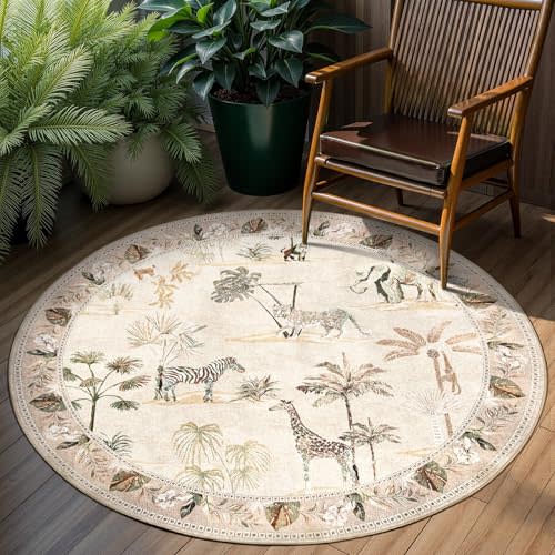 jinchan Round Rug 5ft Beige Jungle Animals Print, Machine Washable 5' Circle Modern Soft Non-Slip Forest Plant Throw Area Rug, Ultra-Thin Low Pile Carpet for Entryway Bedroom Kitchen Kids Room