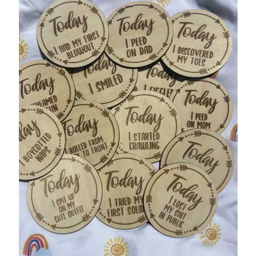 Funny baby milestones; My first baby milestones; Today I baby achievement markers; cute baby milestone discs: set of 16 milestone phrases