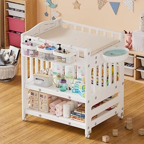 PAKASEPT Changing Table Dresser, Waterproof Diaper Changing Station w/Wheels, Storage Basket, Shelves, Small Basin& Trash Bin, Mobile Nursery Organizer for Newborn Infant
