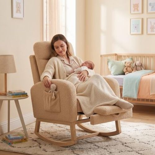 Nursery Rocking Chair. Upholstered Glider Rocker with Side Pocket. Comfortable High Back Rocking Chair for Living Room. Bedroom. Nursing Room