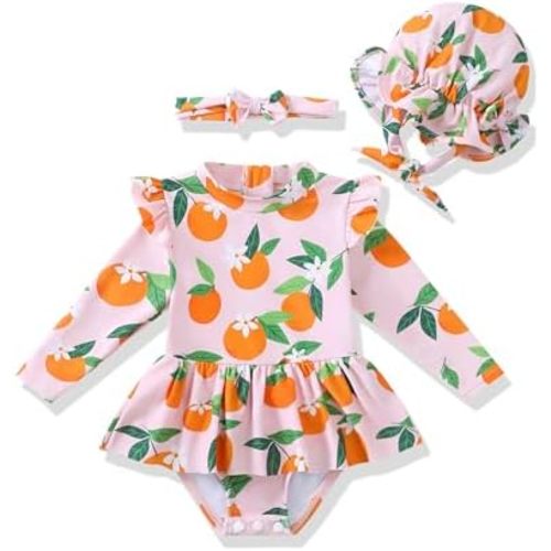 Renotemy Infant Baby Girls Swimsuit Toddler Bathing Suit Long Sleeve Zipper One-Piece Rash Guard Ruffle Swimwear with Hat