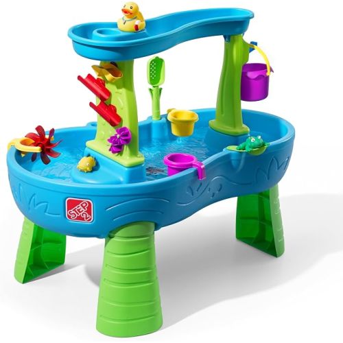 Step2 Rain Showers Splash Pond Water Table for Kids with Cover, Toddler Outdoor Sensory Playset, 13 Accessories, Blue and Green, Ages 18 Months+