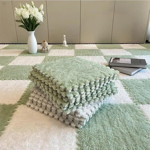 16pcs Plush Puzzle Carpet Tiles, Carpet Squares with Soft Fluffy Interlocking Square Foam Tiles for Living Room & Bedroom, Home Playroom Decor and Pet Comfort Rest Area(11.8x11.8x0.4in,White&Green)