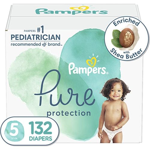 Diapers Size 5, 132 Count - Pampers Pure Protection Hypoallergenic Disposable Baby Diapers for Sensitive Skin, Fragrance Free, (Packaging May Vary) - 1 Month Supply