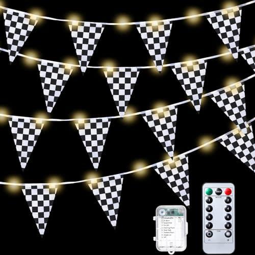 Light up Black and White Checkered Flag Banner, 32.8 ft Racing Flags Plastic Race Checkered Pennant Banner with 8 Light Modes for Race Themed Party Decorations Supplies