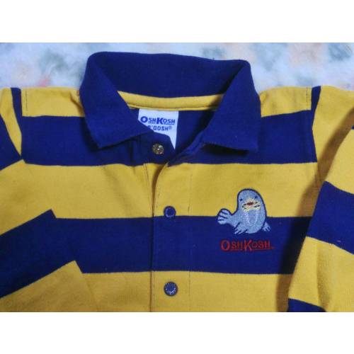 Osh Kosh B'Gosh Striped Jumpsuit Navy & Yellow Knit-Snap crotch Baby 18 Mos--Vintage
