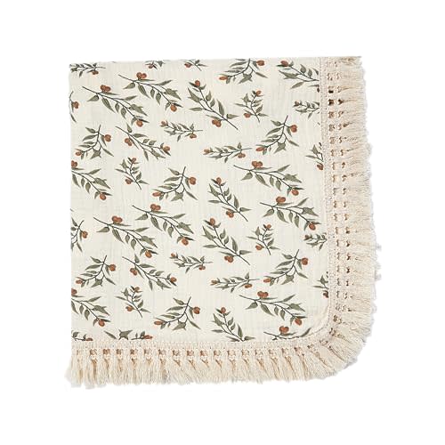 insular Cotton Muslin Baby Blanket with Tassel, Boho Bohemian Muslin Swaddle Blanket Baby Receiving Blanket with Fringe, Nursery Decor Throw or Nursing Blankets, 47" x40”, Cherry
