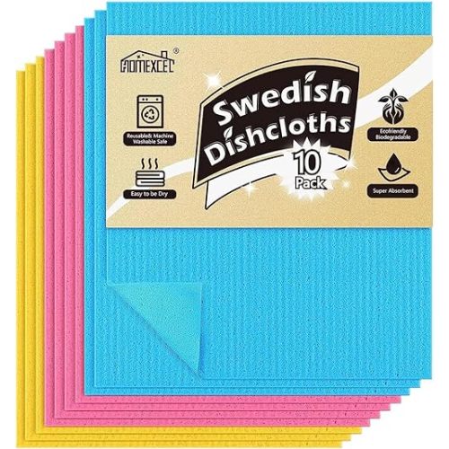 HOMEXCEL Swedish Dishcloths for Kitchen 10 Pack, Sponge Dish Cloth for Counters & Washing Dishes, Reusable and Absorbent Paper Towels, 3 Colors Assorted