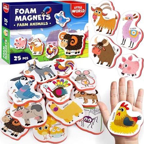 Little World Large Set of Safe and Durable Fridge Magnets for Toddlers 1-3 | Foam Refrigerator Magnets for Kids with Gift Box | Waterproof, Non-Toxic Farm Magnetic Animals for Children and Babies 1-3