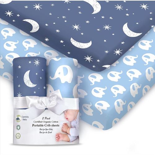 100% Organic Cotton Fitted Sheets for Graco Pack n Play, Babyletto, Pamo Babe, Hiccapop, Dream on Me, Evenflo, Baby Trend, Hygge Hush Portable/Mini Crib/Playards, Beka Bedside Bassinet for Boy 2 Pk