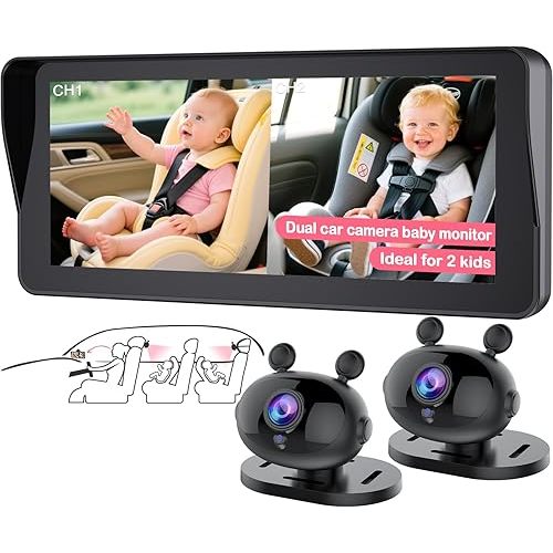Dual Baby Car Camera for 2-Kids: 6.9 Inch HD 1080P Split Display with 2 Night Vision Carseat Cameras - 360° Rotation, Easy Install for New Parents