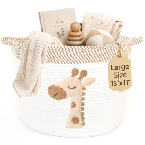 Giraffe Baby Storage Basket, Woven Cotton Rope Nursery Bin, 15x11 in | Stuffed Animal and Blanket Storage, Soft Felt Giraffe Patch, Safari Nursery Decor, Baby Shower, Kids Playroom Organizer