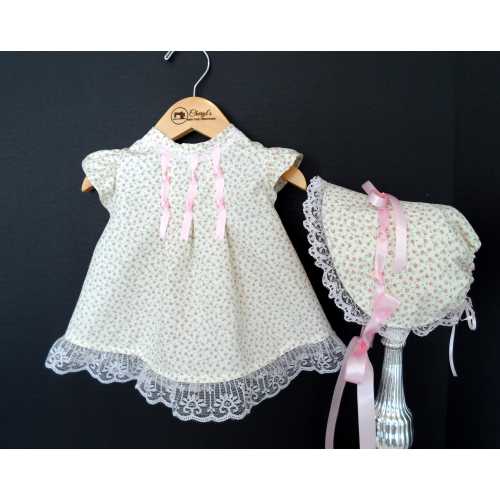 Dress, Vintage Inspired Floral Baby Dress and Bonnet, Handmade Cotton Outfit