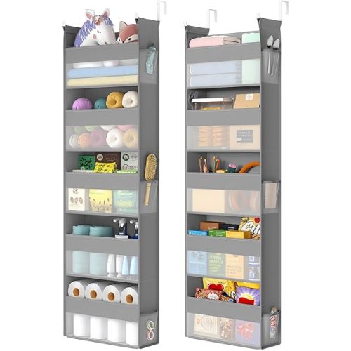 SONGMICS Over The Door Organizers, Set of 2 Hanging Door Organizers with 5 Large Pockets, 5-Tier Fabric Storage, Transparent Nylon Mesh, Foldable, Metal Hooks, with Side Pouches, Dove Gray URDH008G01