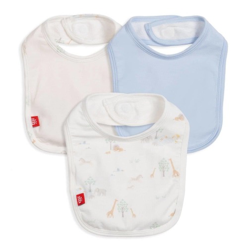 white serene safari modal magnetic stay dry infant bib 3-pack