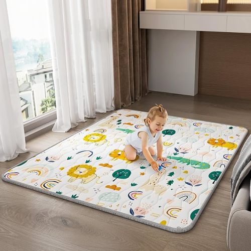 Baby Play Mat for Floor, Thick Soft 50" X 50" Baby Floor Play Mat, Machine Washable and Non-Slip Baby Play Mats, Waterproof Crawling Play Mat for Babies, Toddlers & Infants, Rainbow and Animal