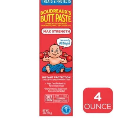 Boudreaux's Butt Paste Maximum Strength Diaper Rash Cream, Ointment for Baby, 4 oz Tube