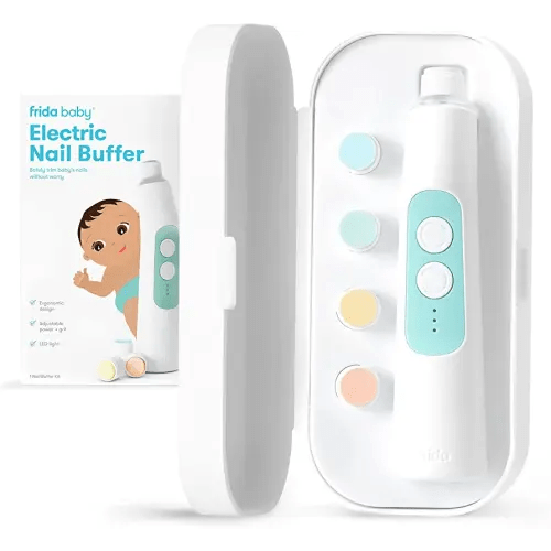 Frida Baby Electric Nail Buffer | Safe + Easy Baby Nail File, Baby Nail Clippers + Nail Trimmer Kit for Newborn, Toddler, or Children's Fingernails/Toenails, 4 Buffer Pads, LED Light, Storage Case