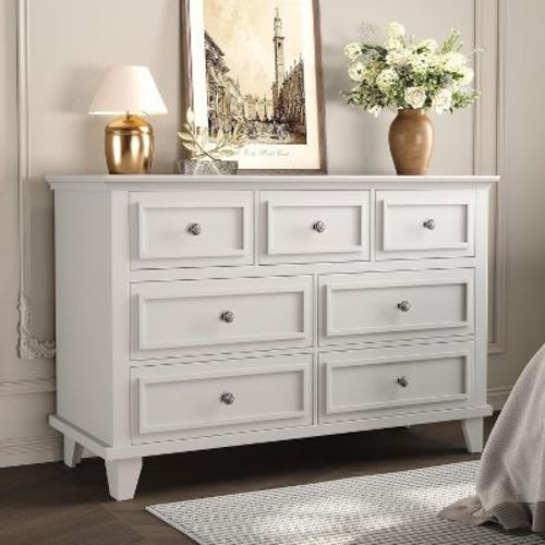 White Dresser, 7 Drawer Dresser, Chest of Drawers with Deep Drawers, Closet Dressers with Metal Handle, Thickened Desktop