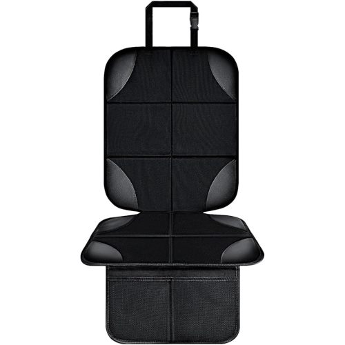 Car Seat Protector, Seat Protector for Baby Carseat with Thickest Padding, Waterproof Child Seat Protectors Under Car Seats Non-Slip Backing 2 Mesh Pockets Baby Pets Car Seat Cover (Black, 1 Pack)