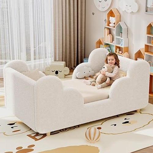 Toddler Bed Frame, Toddler Bed Upholstered, Low Profile Kids Beds with Safety Guardrails Floor Beds with Wood Slats for Girls Boys Children Aged 3-7 Years Old - Crib Size//White