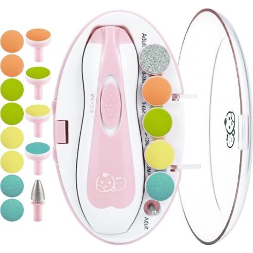 Royal Angels Upgraded 21 in 1 Baby Nail Trimmer with Labeled Case, 13 Extra Replacement Pads, Safe Electric Baby Nail File Kit for Newborns & Toddlers, Whisper Quiet Nail Clipper with LED Light (Pink)