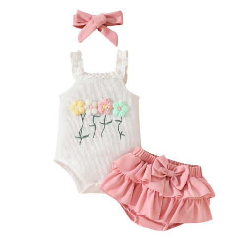 TOWED22 Baby Girl Clothes Summer Outfits Newborn Ruffle Sleeve Romper Infant Flower Shorts Set with Headband 0-18 Months(Blazer,0-3 M)